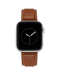 Honey Brown Smooth Leather Strap with Contrast Stitching and Silver-Tone Stainless Steel Lugs for 42mm, 44mm, 45mm, Ultra 49mm Apple Watch