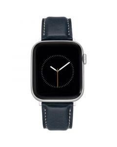 Navy Smooth Leather Strap with Contrast Stitching and Silver-Tone Stainless Steel Lugs for 42mm, 44mm, 45mm, Ultra 49mm Apple Watch