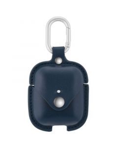 Blue Leather Apple AirPods Case with Silver-Tone Snap Closure and Carabiner Clip