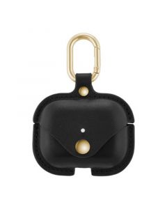 Black Leather Apple AirPods Case with Gold-Tone Snap Closure and Carabiner Clip