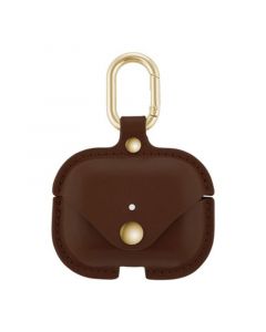 Brown Leather Apple AirPods Case with Gold-Tone Snap Closure and Carabiner Clip