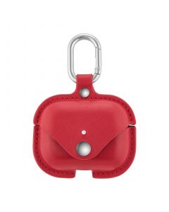 Red Leather AirPods Case with Silver-Tone Snap Closure and Carabiner Clip