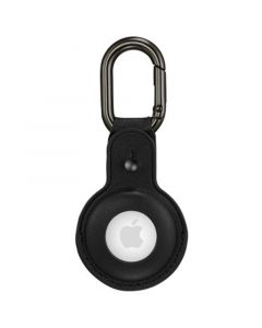 Black Leather Apple AirTag Case with Gunmetal Gray Carabiner Clip