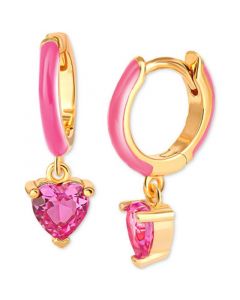 Pink Cubic Zirconia & Pink Enamel Heart Dangle Hoop Earrings in 18k Gold-Plated Sterling Silver, Created for Macy's