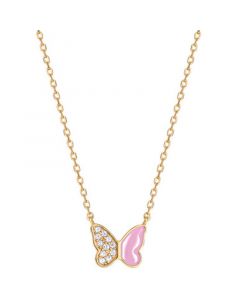 Cubic Zirconia & Pink Enamel Butterfly Pendant Necklace in 18k Gold-Plated Sterling Silver, 16" + 2" extender, Created for Macy's