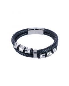 Silver and Leather Double Band Secure Clasp Bracelet