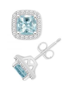 Aquamarine (1 ct. t.w.) & Diamond (1/5 ct. t.w.) Cushion Halo Stud Earrings in Sterling Silver