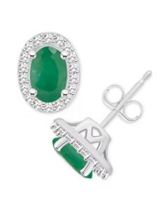 Emerald (1 ct. t.w.) & Diamond (1/6 ct. t.w.) Halo Stud Earrings in Sterling Silver (Also in Ruby & Sapphire)