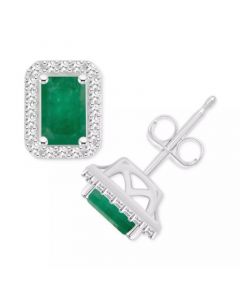 Emerald (1-1/8 ct. t.w.) & Diamond (1/5 ct. t.w.) Stud Earrings in Sterling Silver (Also in Ruby & Sapphire)