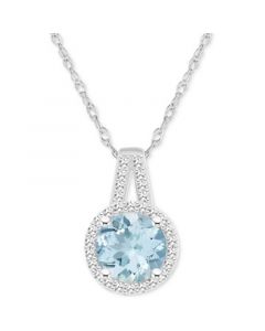 Aquamarine (1-1/4 ct. t.w.) & Diamond (1/6 ct. t.w.) Halo 18" Pendant Necklace in Sterling Silver