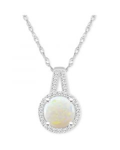 Opal (3/4 ct. t.w.) & Diamond (1/6 ct. t.w.) Halo 18" Pendant Necklace in Sterling Silver