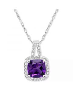 Amethyst (1-1/2 ct. t.w.) & Diamond (1/6 ct. t.w.) Cushion Halo 18" Pendant Necklace in Sterling Silver (Also in Citrine, Garnet, Peridot, & Blue Topaz)