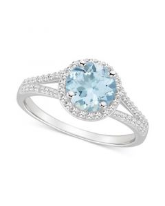 Aquamarine (1-1/4 ct. t.w.) & Diamond (1/4 ct. t.w.) Halo Split Shank Ring in Sterling Silver