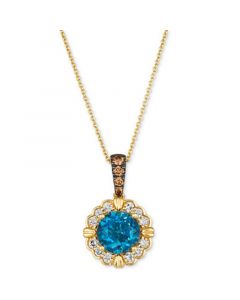 Deep Sea Blue Topaz (2 ct. t.w.) & Diamond (3/8 ct. tw.) Halo Flower Adjustable 20" Pendant Necklace in 14k Gold