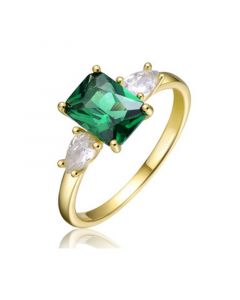 Sterling Silver 14k Yellow Gold Plated with Emerald & Cubic Zirconia 3-Stone Engagement Anniversary Ring