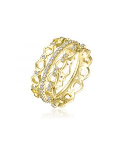 Sterling Silver 14K Gold Plated Clear Cubic Zirconia Wide Band Ring