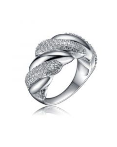 Sterling Silver White Gold Plated Clear Round Cubic Zirconia Wavy Twisted Ring