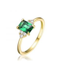 Sterling Silver 14k Yellow Gold Plated with Emerald & Cubic Zirconia Solitaire Cluster Anniversary Engagement Ring