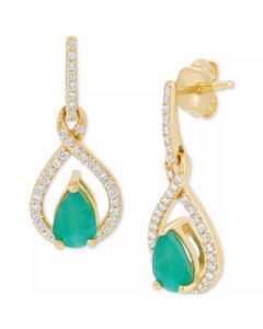 Emerald (7/8 ct. t.w.) & Diamond (1/5 ct. t.w.) Pear Halo Drop Earrings in 14K Gold (Also in Sapphire)