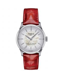 Women's Swiss Automatic Chemin des Tourelles Powermatic 80 Red Leather Strap Watch 34mm