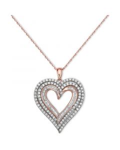 Diamond Baguette & Round Multirow Heart Pendant Necklace (1 ct. t.w.) in 10k Rose Gold, 16" + 2" extender