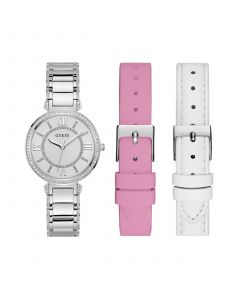 Women's Analog Silver-Tone Stainless Steel Watch with Pink, White Suede and Leather Strap Gift Set 36mm