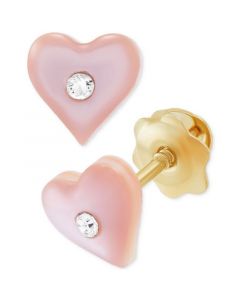 Children's Pink Mother of Pearl & Crystal Heart Stud Earrings in 14k Gold