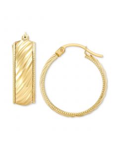 Wide Width Diagonal Textured Small Hoop Earrings in 10k Gold, 1"