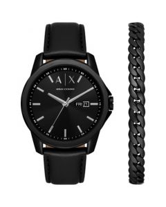 Men's Three-Hand Day-Date Quartz Black Leather Watch 44mm and Black Stainless Steel Bracelet Set