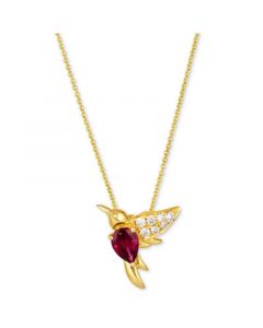 Raspberry Rhodolite (7/8 ct. t.w.) & Nude Diamond (1/6 ct. t.w.) Hummingbird Pendant Necklace in 14k Gold, 18" + 2" extender