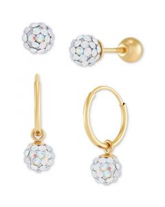 2-Pc. Set Crystal Ball Front & Back Stud & Dangle Hoop Earrings in 14k Gold