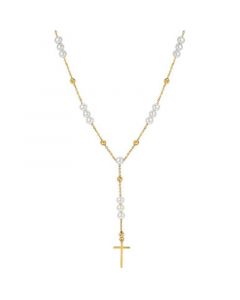 Cultured Freshwater Pearl (4 - 4 1/2mm) Cross 18" Lariat Necklace in 14k Gold-Plated Sterling Silver