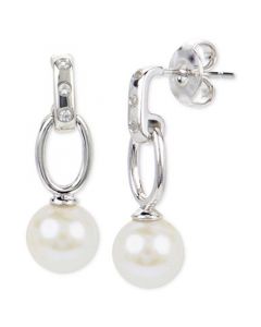 Cultured Freshwater Pearl (6 1/2mm) & Lab-Created White Sapphire Accent Drop Earrings in Sterling Silver