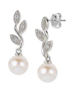 Cultured Freshwater Pearl (6 1/2mm) & Lab-Created White Sapphire (1/10 ct. t.w.) Vine Drop Earrings in Sterling Silver