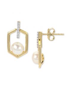 Cultured Freshwater Pearl (6mm) & Lab-Created White Sapphire (1/20 ct. t.w.) Hexagon Drop Earrings in 14k Gold-Plated Sterling Silver