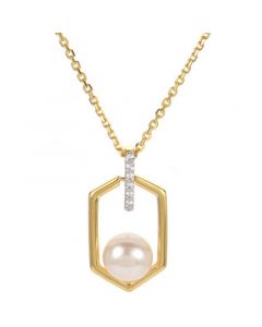 Cultured Freshwater Button Pearl (7mm) & Lab-Created White Sapphire (1/10 ct. t.w.) Hexagon 18" Pendant Necklace in 14k Gold-Plated Sterling Silver