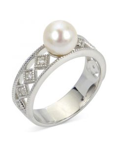 Cultured Freshwater Pearl (8mm) & Lab-Created White Sapphire (1/10 ct. t.w.) Openwork Ring in Sterling Silver