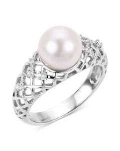 Cultured Freshwater Pearl (8 1/2mm) & Lab-Created White Sapphire (1/10 ct. t.w.) Lattice Ring in Sterling Silver