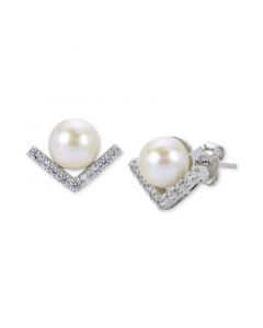 Cultured Freshwater Pearl (7mm) & Lab-Created White Sapphire (1/3 ct. t.w.) Chevron Stud Earrings in Sterling Silver