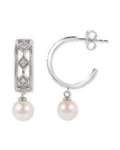 Cultured Freshwater Pearl (6mm) & Lab-Created White Sapphire (1/4 ct. t.w.)  Dangle Hoop Drop Earrings in Sterling Silver