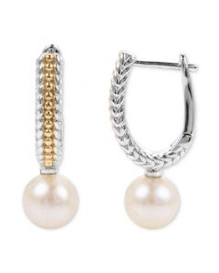 Cultured Freshwater Pearl (6 1/2mm) Hoop Earrings in Sterling Silver & 14k Gold-Plate