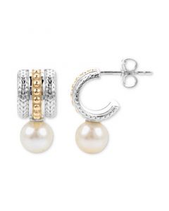 Cultured Freshwater Pearl (7mm)  Huggie Hoop Earrings in Sterling Silver & 14k Gold-Plate