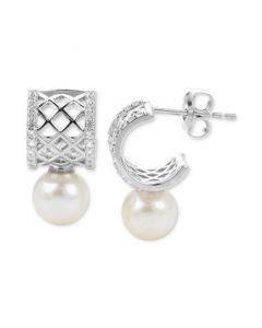 Cultured Freshwater Pearl (7mm) & Lab-Created White Sapphire (1/4 ct. t.w.) Huggie Hoop Earrings in Sterling Silver