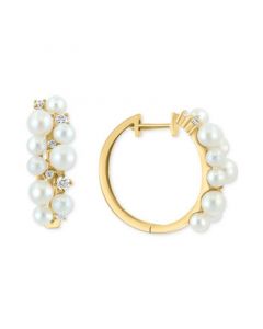 EFFY® Freshwater Pearl (3-4mm) & Diamond (1/3 ct. t.w.) Small Cluster Hoop Earrings in 14k Gold, 0.75"