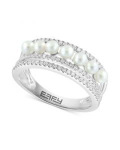 EFFY® Freshwater Pearl (3mm) & Diamond (1/3 ct. t.w.) Multirow Ring in 14k White Gold