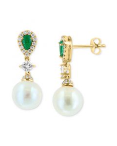 EFFY® Freshwater Pearl (9mm), Emerald (3/8 ct. t.w.) & Diamond (5/8 ct. t.w.) Drop Earrings in 14k Gold