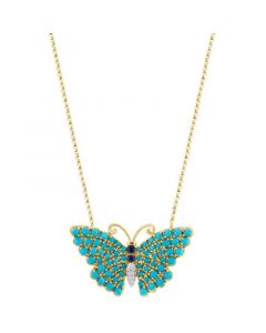 EFFY® Turquoise, Sapphire (1/10 ct. t.w.), & Diamond Accent Butterfly 16" Pendant Necklace in 14k Gold