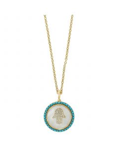 EFFY® Mother of Pearl, Turquoise, & Diamond (1/6 ct. t.w.) Hamsa Hand 18" Pendant Necklace in 14k Gold