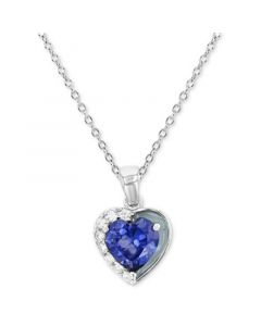 Cubic Zirconia & Gray Enamel 18" Heart Pendant Necklace in Sterling Silver