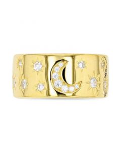 Cubic Zirconia Crescent Moon & Stars Wide Width Band in 14k Gold-Plated Sterling Silver